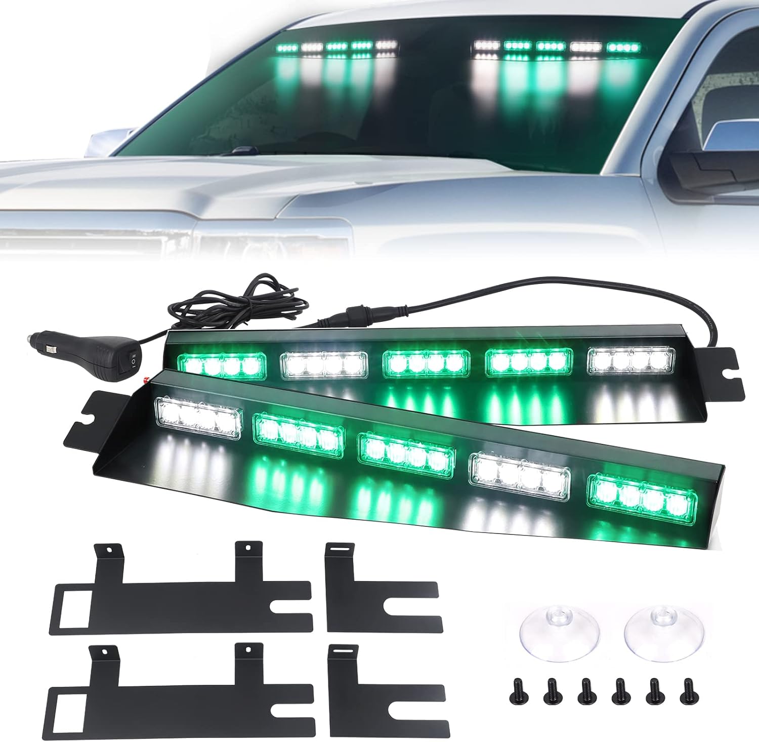 Emergency Visor Lights Green/White Strobe Lights Bar Warning Flashing Safety Interior Windshield for Construction Vehicles Trucks w/ Take Down