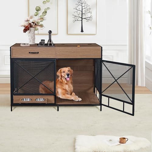 Aoowow Large Double Dog Crate Furniture 72.4" Indoor Dog Kennel with Sliding Barn Door and Divider