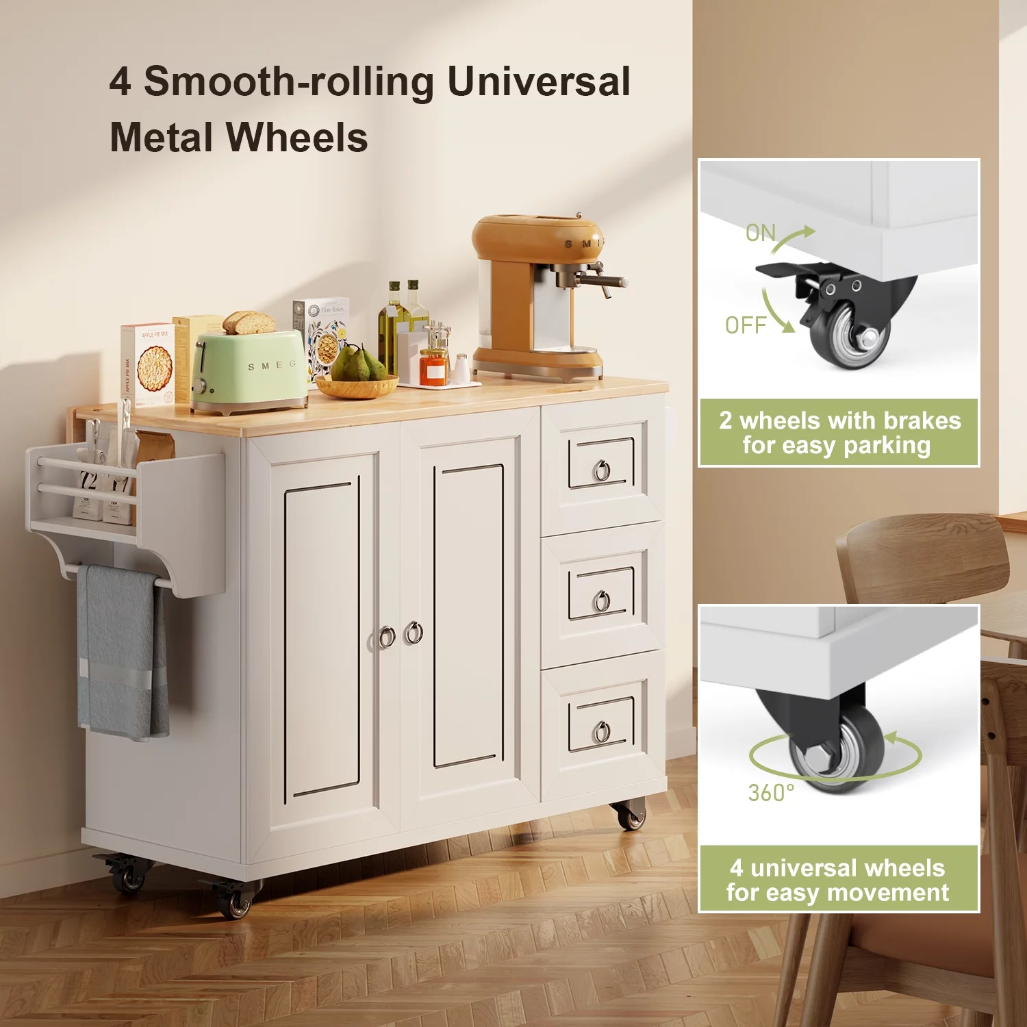 Lofka 42" Kitchen Island with Storage, Kitchen Island on Wheel with Wood Drop Leaf Tabletop,White