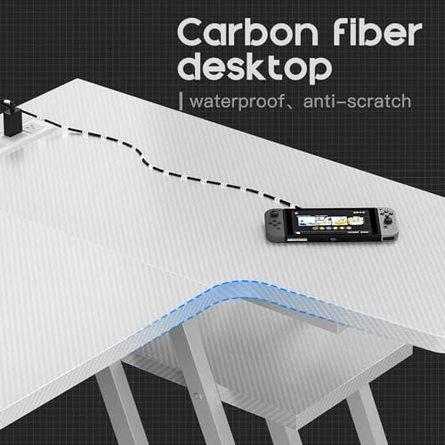 MOTPK Gaming Desk with LED Lights & Power Outlets, 55 Inch L Shaped Gaming Computer Desk with Storage Shelf, Gamer Desk with Monitor Stand