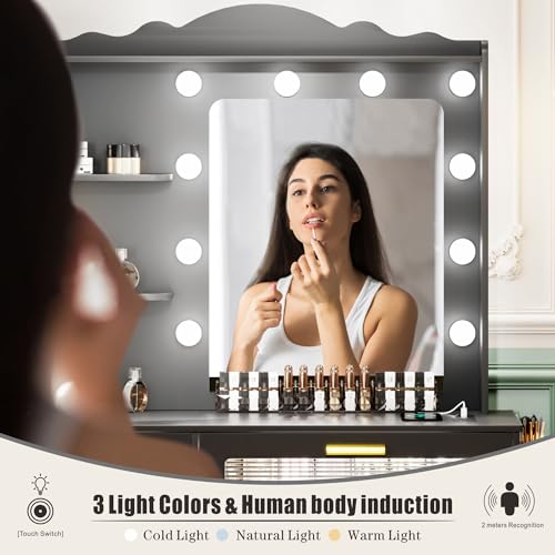 Makeup Vanity Desk with Mirror and Lights-Vanity Table with 5 Drawers&2 Shelves-Vanity Set for Bedroom-Dressing Table with 10 Light Bulbs-Desk Vanity