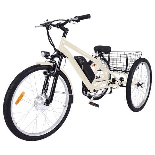 Electric Tricycle for Adults 24"&26" 3 Wheel Mountain Electric Bicycle with Basket, 350W Powerful Motor, 36V Detachable Battery