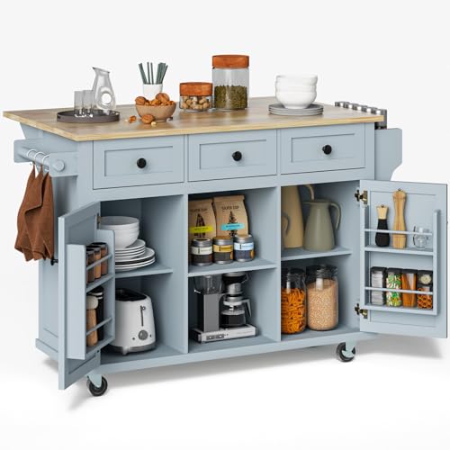 Rovibek Kitchen Island with Drawers 53 in Rolling Island Cart Mobile Solid Wood Portable Islands on Wheels with Storage Cabinet & Drawers, White