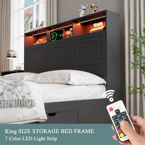 Queen Bed Frame with 47" Storage Headboard, Queen Size Wood Bed Frame with 4 Storage Drawers, Built-in Charging Station & LED, Solid Wood Slats