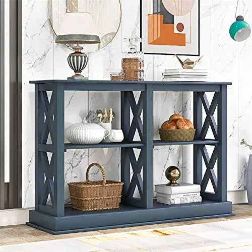 KHBIULIFE Classic Wood Console Table w/ Shelves Elegant Narrow Occasional Sofa Table 3-Tier Entryway Table TV Console Display Table  for Living Room