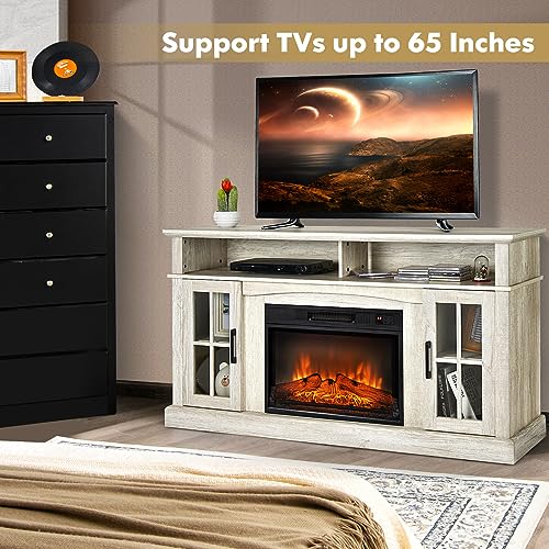 COSTWAY Electric Fireplace TV Stand for TVs Up to 65 Inches, 1400W Heater Insert with Remote Control, 6H Timer, 3-Level Flame