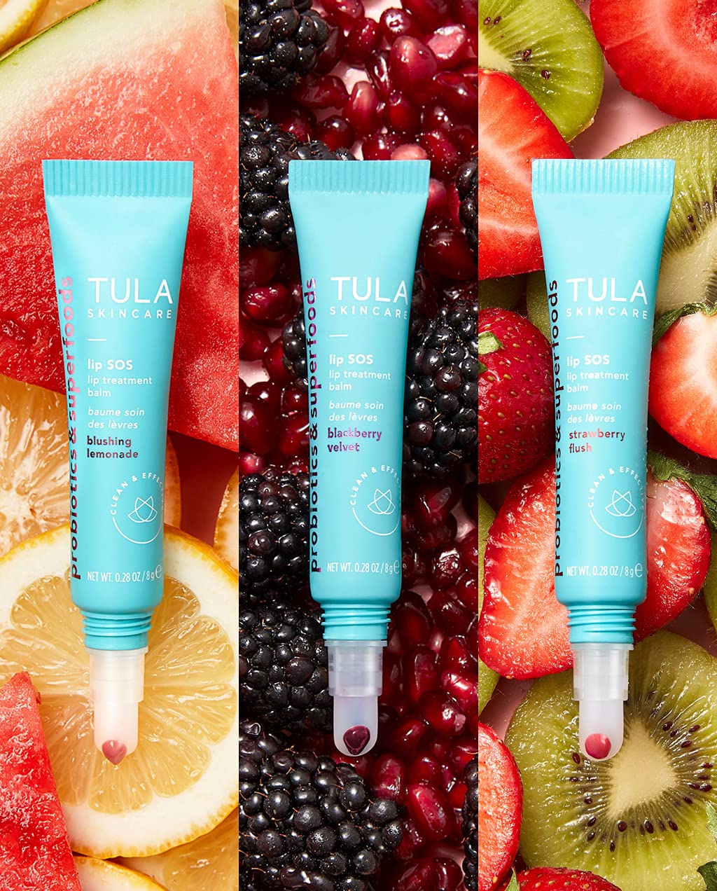 TULA Skin Care Lip SOS - Lip Treatment Balm that Plumps, Smooths & Hydrates lips with a Glossy Tint, Nude Pink, Rose Pink, Sunset Berry, 3 count