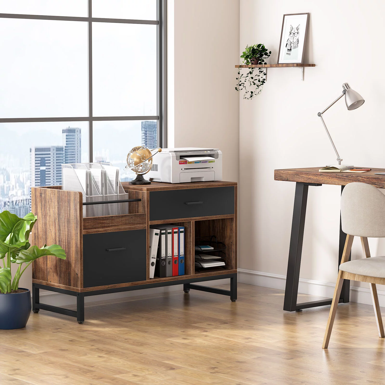 2 Drawers Lateral File Cabinet Rustic Wood Printer Stand with Open Storage Shelves