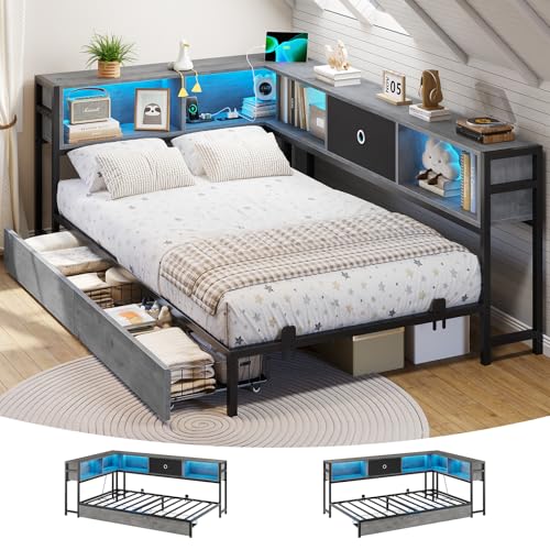 DICTAC Corner Full Bed Frame with Bookcase Storage and Led Lights Full Size Metal Platform Bed Frame with Storage Drawers & Charging Station Full