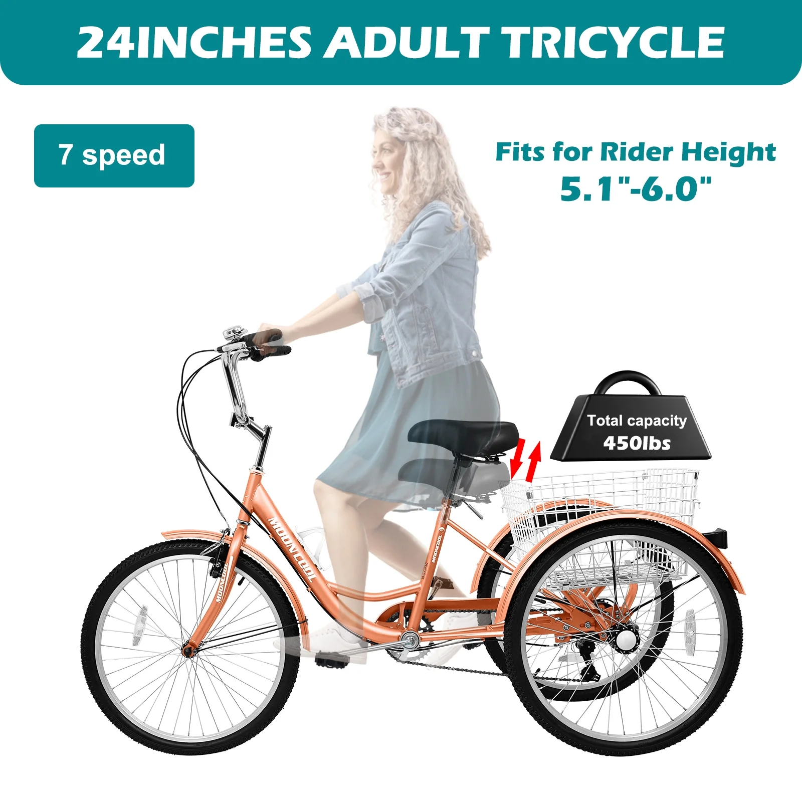 Lilypelle 24" Adult Tricycle 7-Speed ,3 Wheel Bicycles with Baskets,Adult Trike 350 Weight Capacity for Senior,Orange