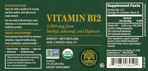 Global Healing Vitamin B12 Sublingual 5000 mcg Organic Liquid Supplement, Methylcobalamin, Adenosylcobalamin