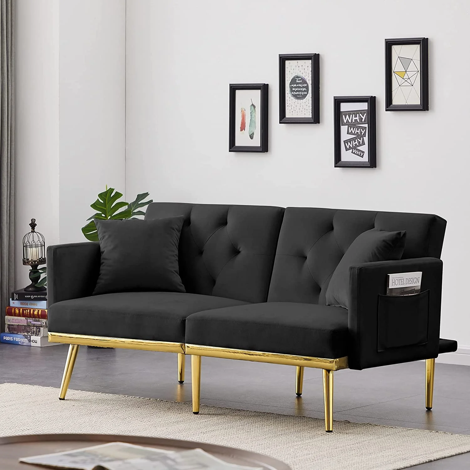 59" Convertible Folding Sofa Bed with 2 Pillows & Side Pockets, Modern Velvet Sleeper Couch Bed with 3 Adjustable Backrests