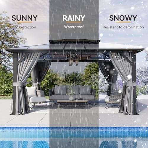 Aoxun 12'x16' Hardtop Gazebo, Aluminum Frame Permanent Pavilion with Netting and Curtains, Outdoor Polycarbonate Double Roof Canopy