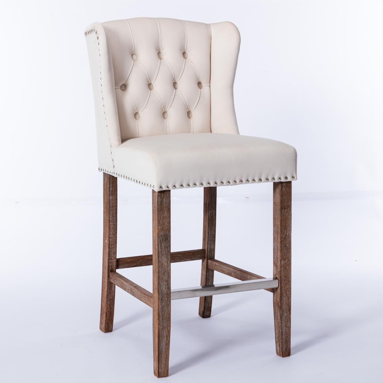 Counter Height Bar Stools, Upholstered 27" Seat Height Barstools, Wingback Breakfast Chairs with Nailhead-Trim & Tufted Back, Wood Legs