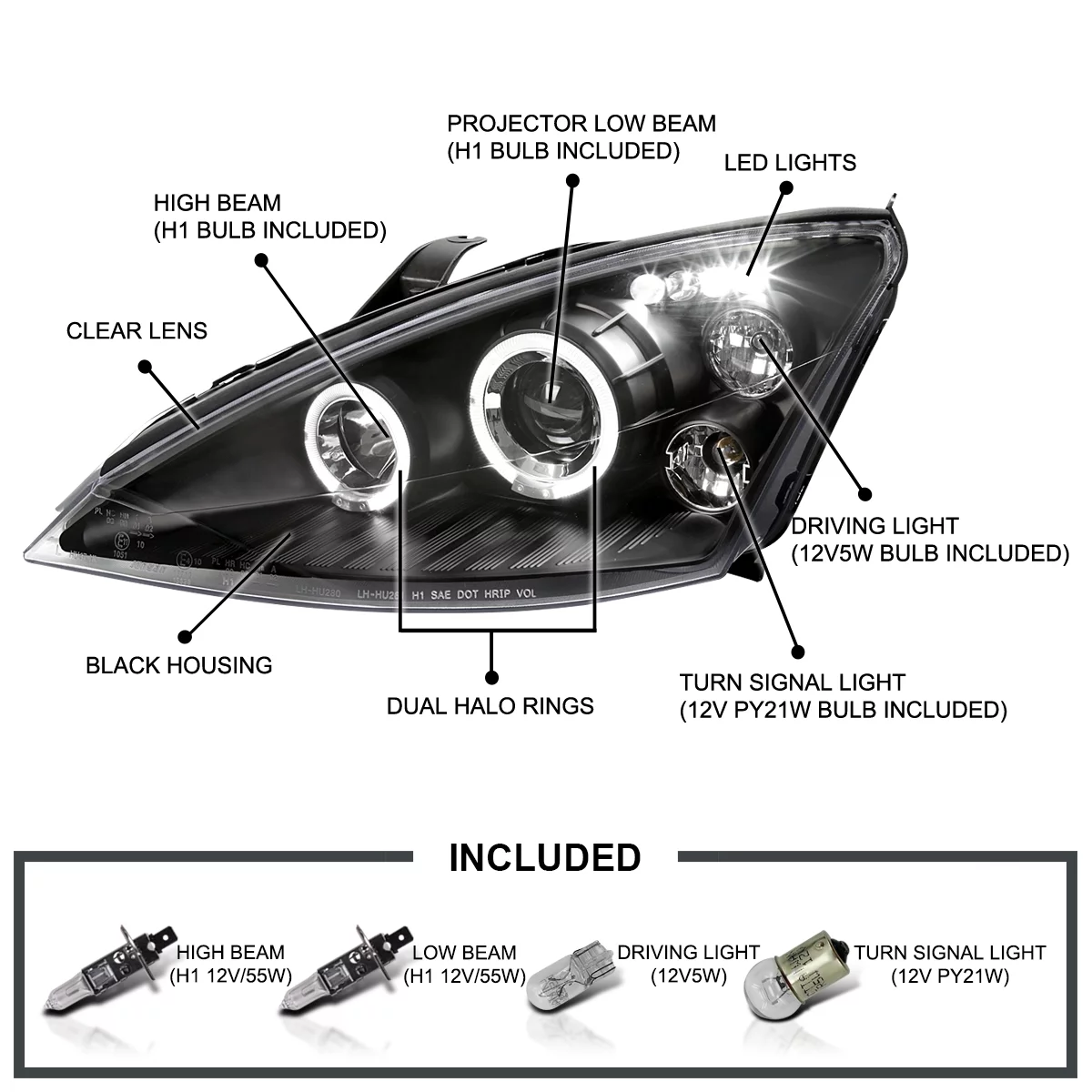 Spec-D Tuning Halo LED Projector Headlights Black Compatible with 2000-2004 Ford Focus, Left + Right Pair Headlamps Assembly