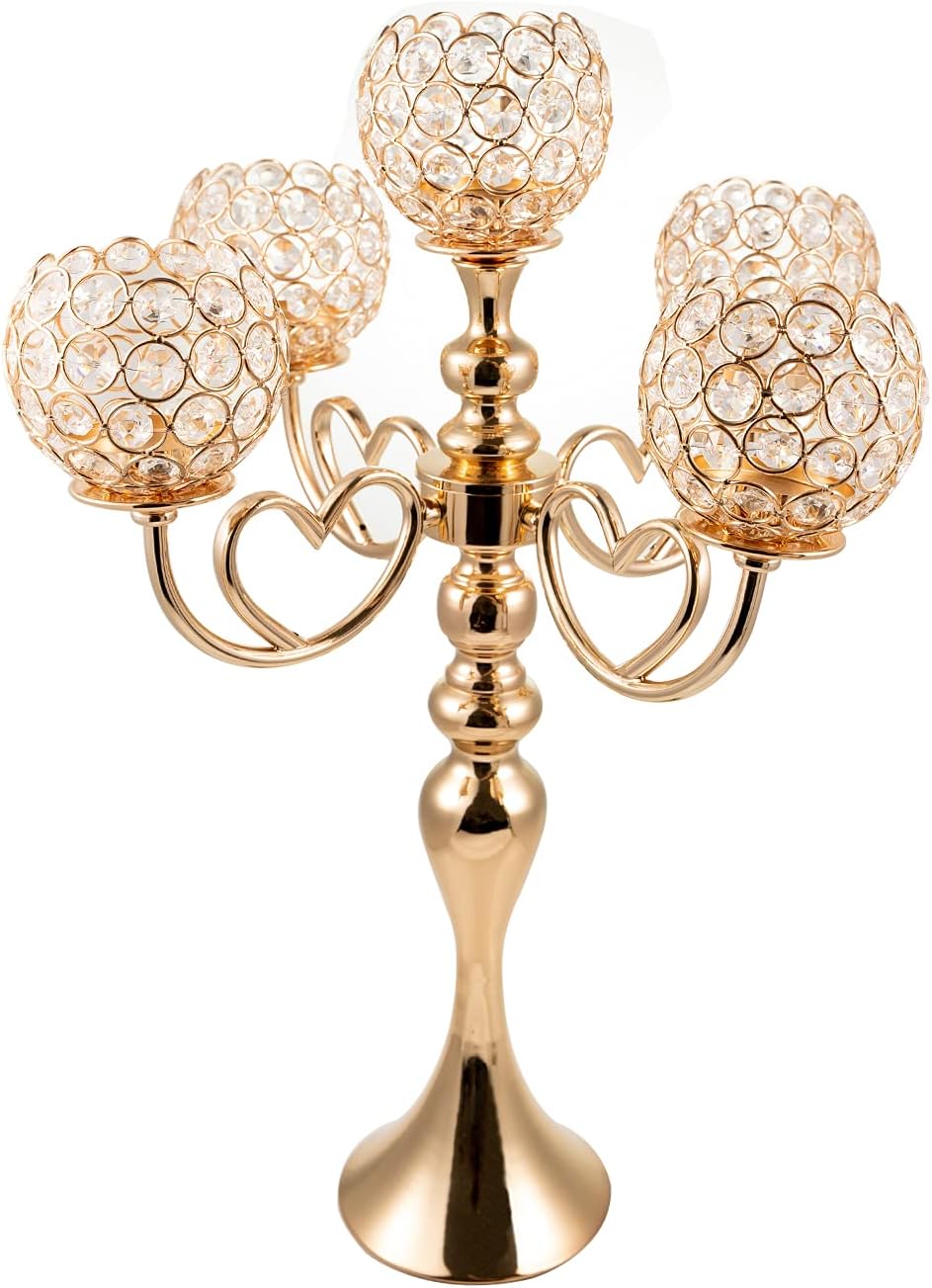 VINCIGANT 5 Arms Gold Candelabra / Crystal Candle Holders for Wedding Home Holiday Table Centerpieces Decoration Pack of 2