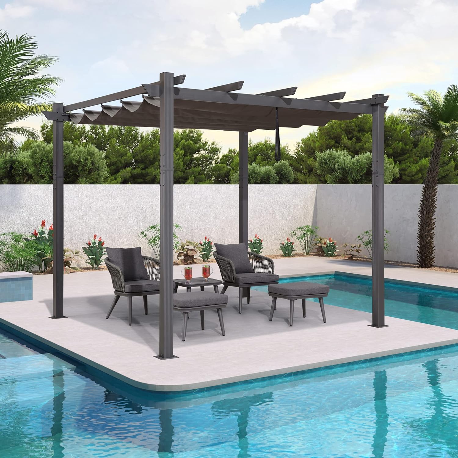 PURPLE LEAF 10' X 12' Outdoor Retractable Pergola with Sun Shade Canopy Patio Metal Shelter for Garden Porch Beach Pavilion Grill Gazebo Modern Yard