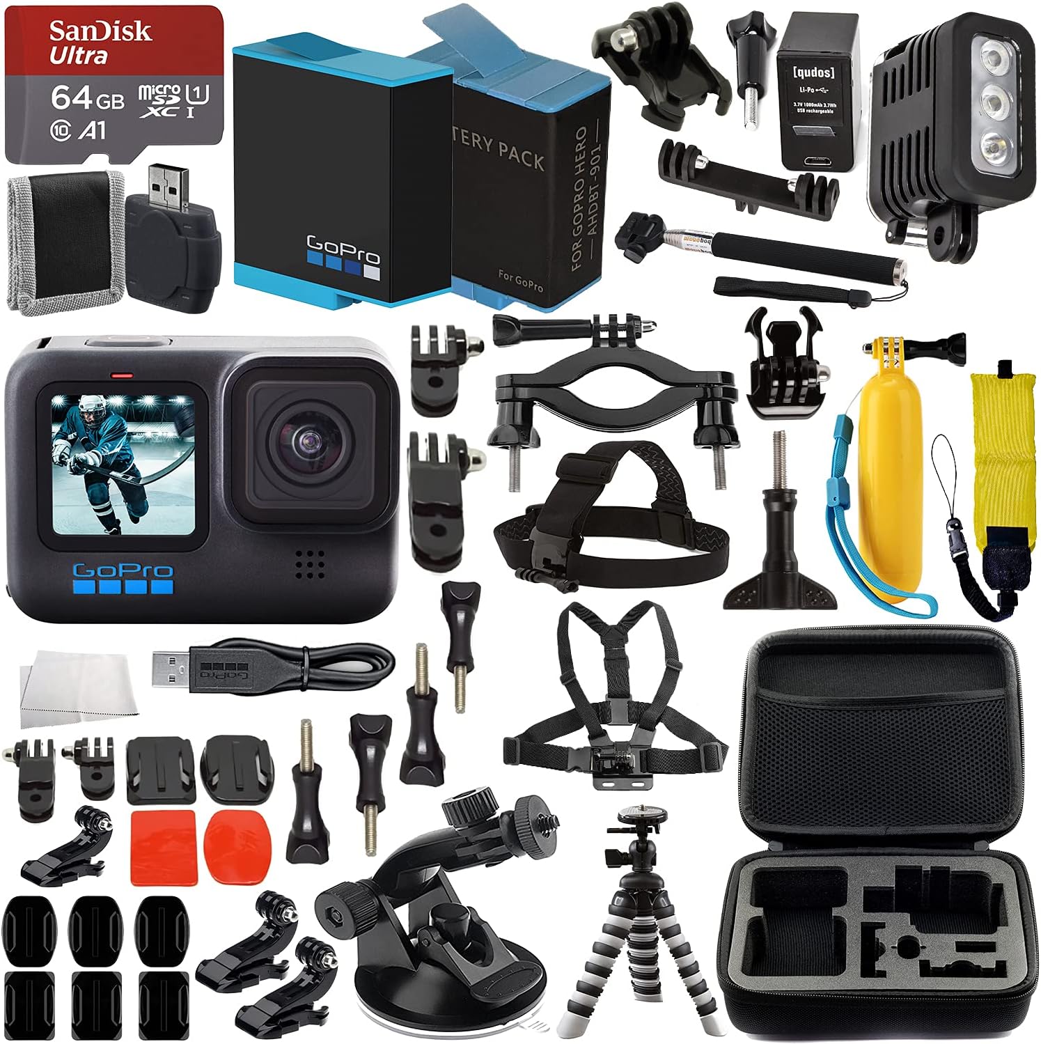 GoPro HERO10 (Hero 10) Black with Premium Accessory Bundle: SanDisk Ultra 64GB microSD Memory Card, Replacement Battery