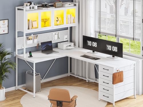 SEDETA L Shaped Gaming Desk with Drawers, L Shaped Computer Desk with Hutch and Storage Shelves, Gaming Desk with Pegboard, Led Lights
