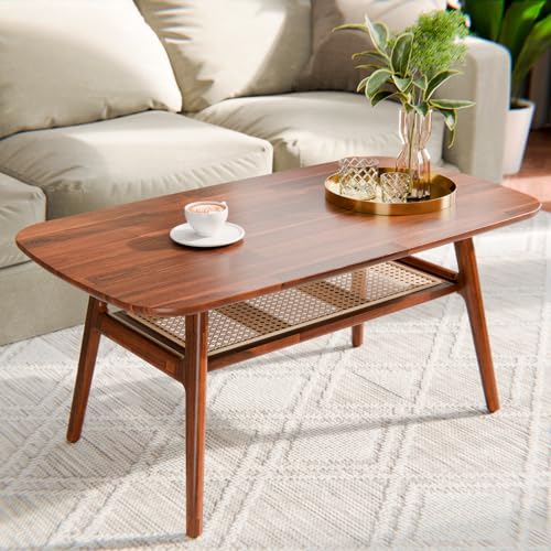 Bme Nancy Solid Acacia Wood Coffee Table for Living Room, Spacious Oval-Shaped 237 Lbs Top Capacity, Rattan Shelf Below, Mid Century