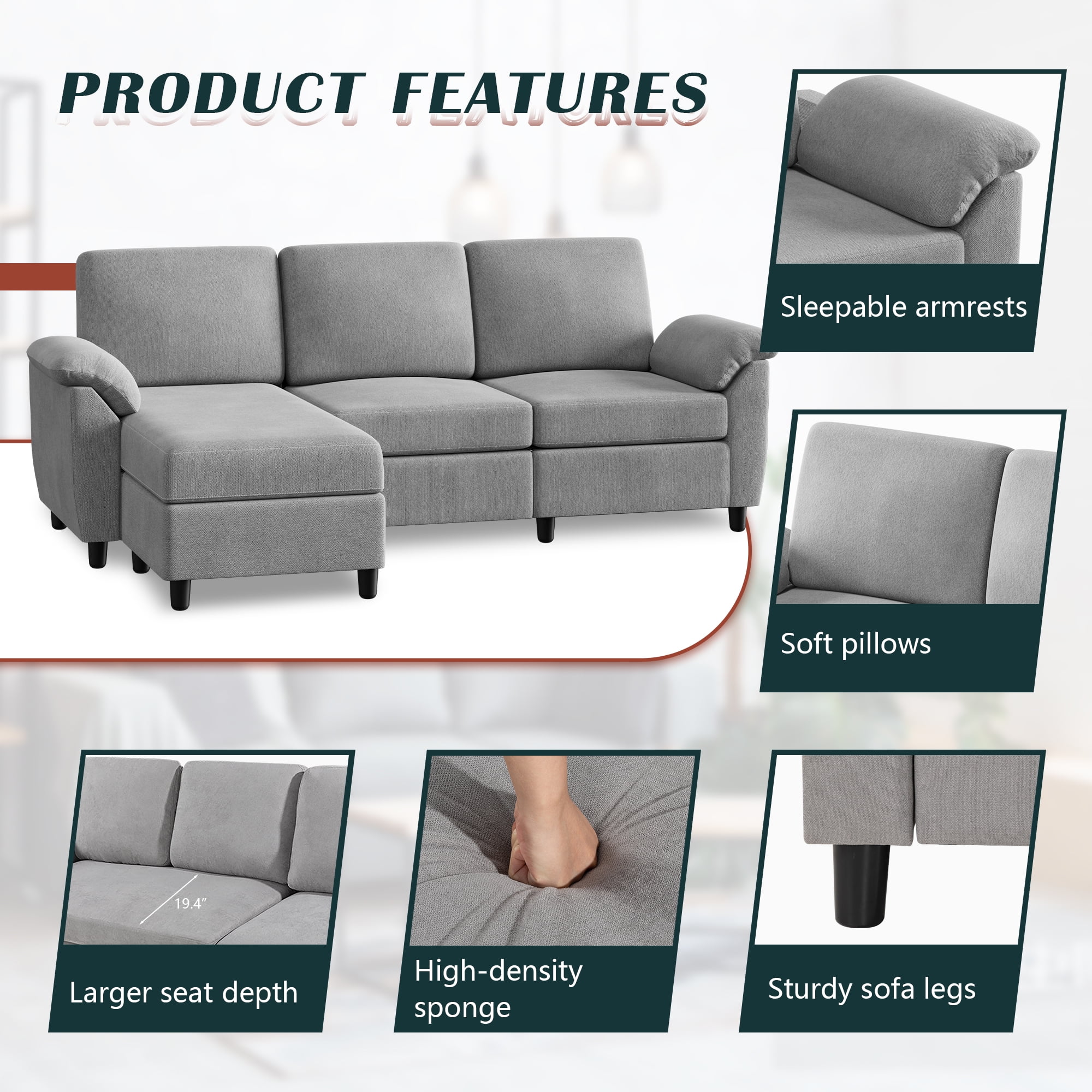 Walsunny 79 Convertible Sectional Sofa Couch,Linen Fabric L Shaped Sofa with Removable Pillows Dark Gray