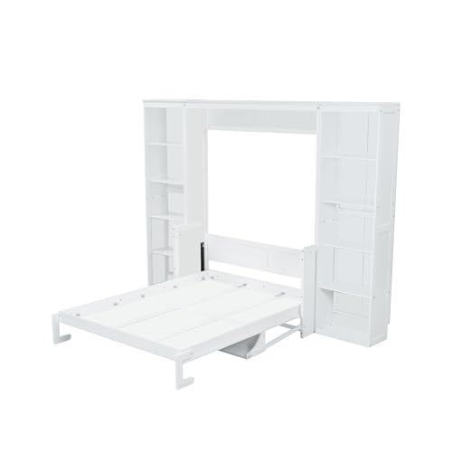 SOFTSEA Full Size Murphy Bed with Desk and Shelves, 110" Solid Folable Platform Bed with Double Storage Cabinets