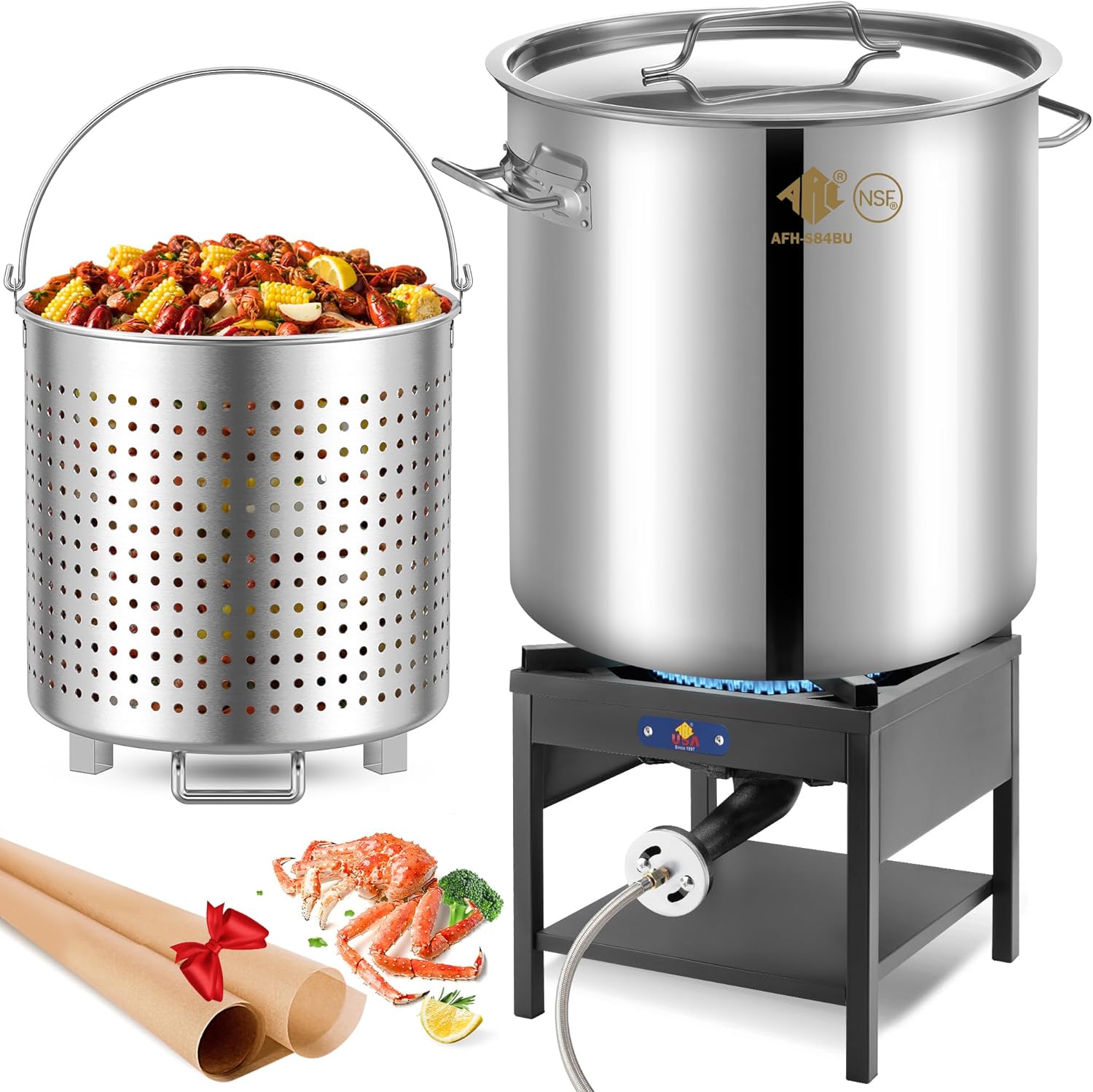 ARC 84QT Stainless Steel Seafood Boil Pot with 200,000BTU Propane Fryer, Non-Assembly Large Crawfish Boiler, Shrimp Boil Pot