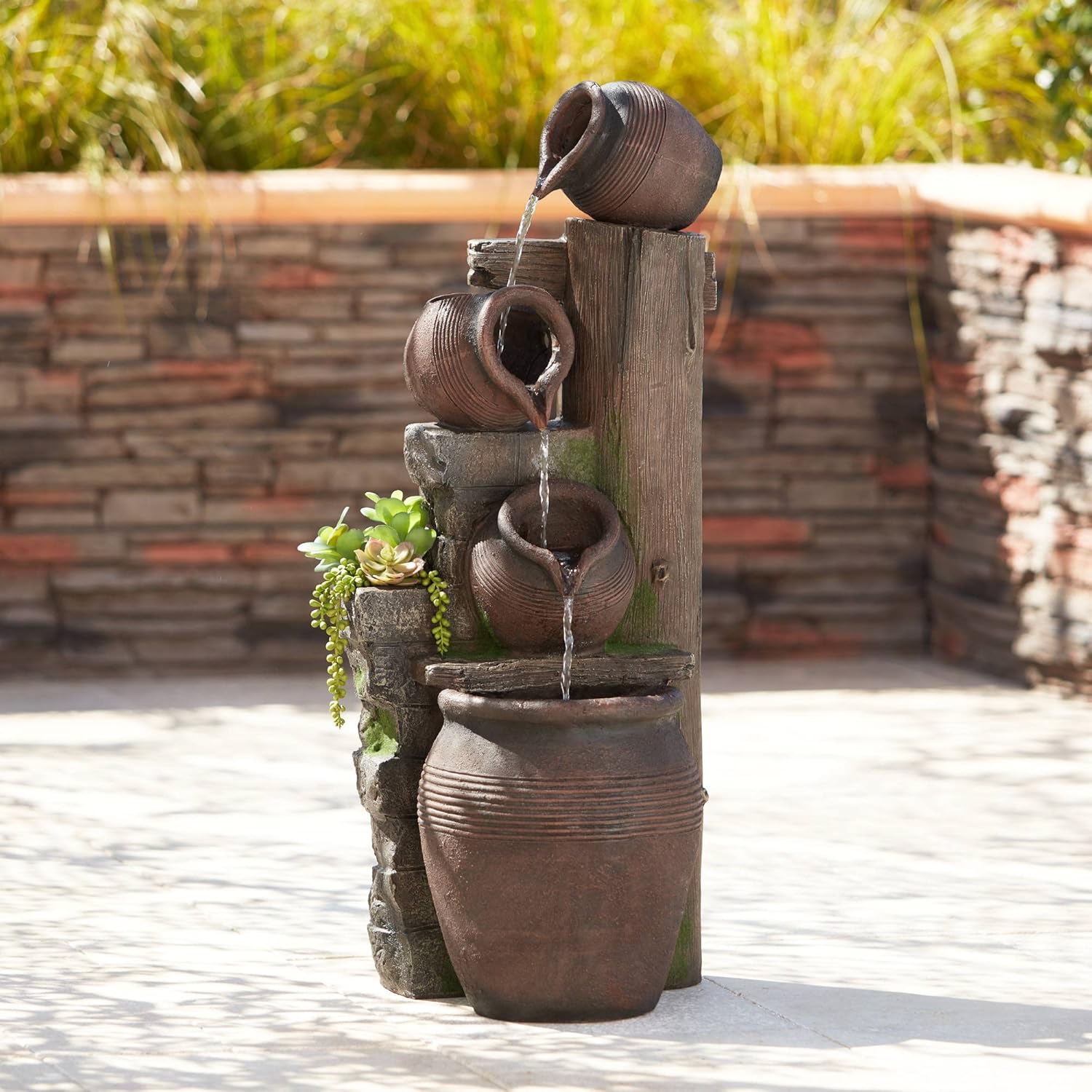 Four Pot Rustic Outdoor Floor Water Fountain 39 1/4" High with LED Light Cascading Decor for Garden Patio Backyard Deck Home Lawn Porch House