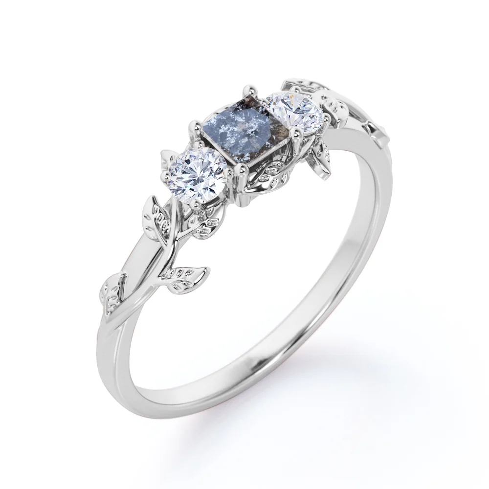 JeenMata Branch Leaf Design - 1 Carat Princess Cut Galaxy Gray Salt and Pepper Diamond with Moissanite - Three Stone Engagement Ring
