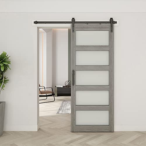 BARNSMITH 42in x 84in Glass Barn Door with 7FT Sliding Door Hardware Kit Included & Handle