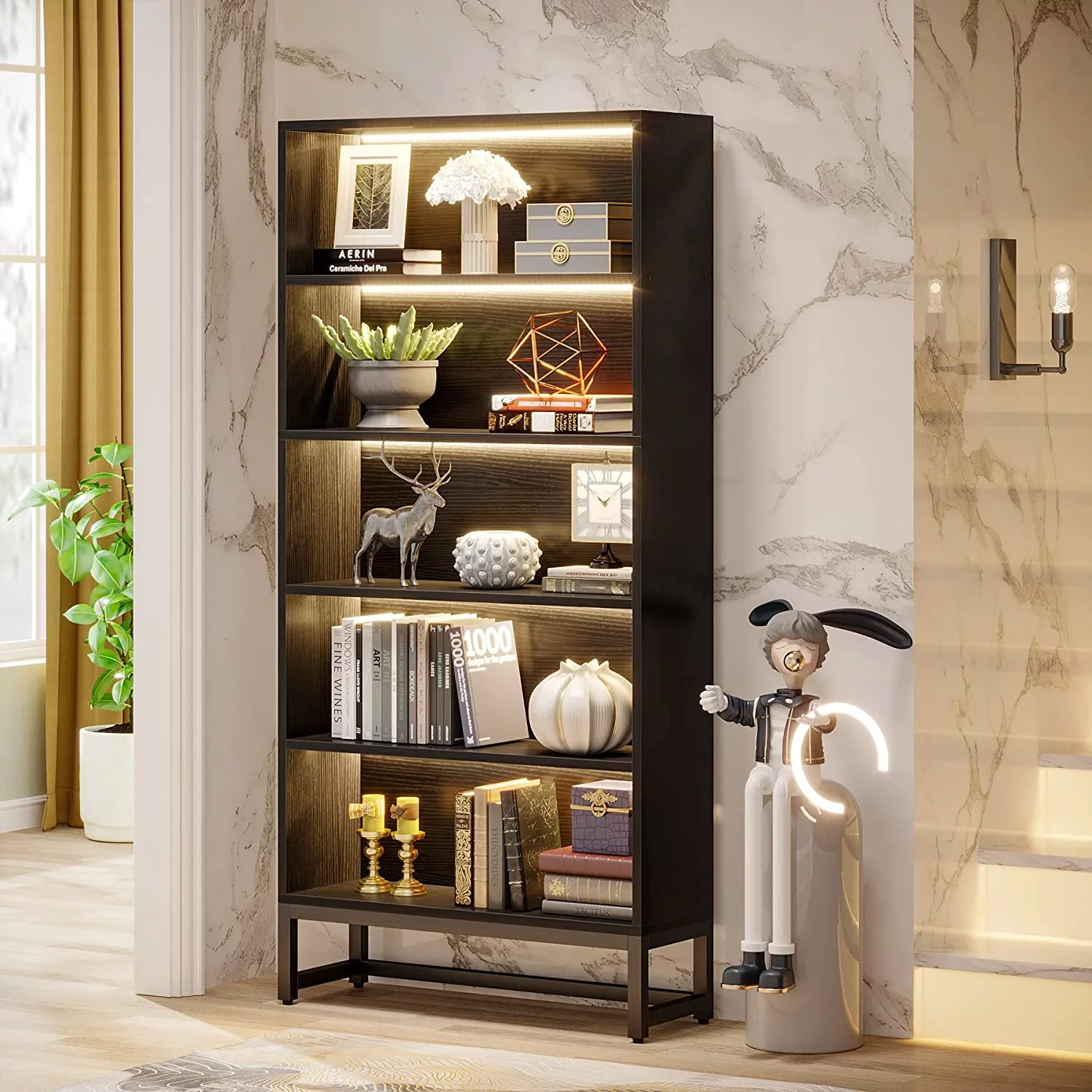 Tribesigns 5 Shelf Bookcase with Led Lights, Freestanding Display Organizer Shelving Unit for Home Office, Black