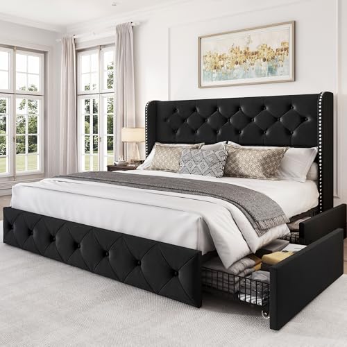 King Size Bed Frame with 4 Storage Drawers and Tufted Headboard Linen Upholstered Platform Bed Frame Wingback Beds with Wooden Slats Support