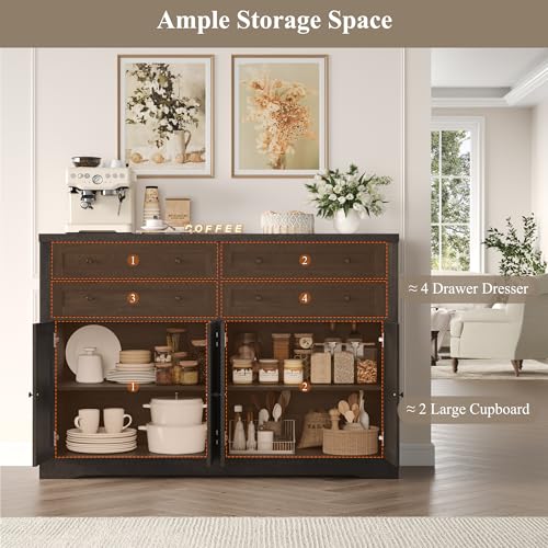 HOSTACK 55" Coffee Bar with 4 Large Drawers, 40" Tall Buffet Cabinet with Storage, Kitchen Storage Cabinet, Modern Farmhouse Sideboard Buffet