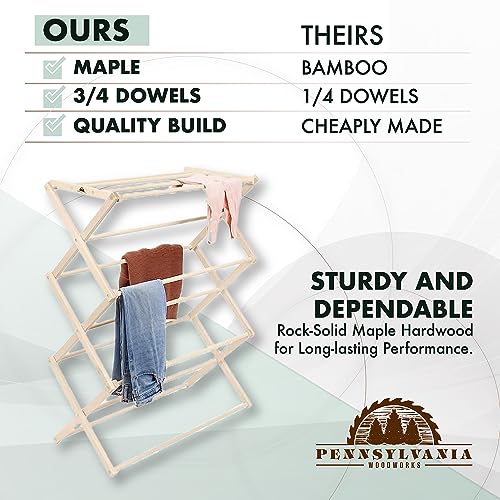 Pennsylvania Woodworks Premium American Maple Clothes Drying Rack - Handcrafted in Pennsylvania - Solid Wood Construction, Collapsible