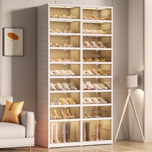 Foldable Shoes Rack Organizer Clear Plastic Shoes Rack for Closet Shelf Collapsible Large Shoes Storage Box Stackable Easy Assembly Shoe Cabinet with