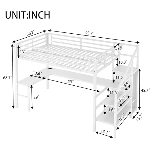Bellemave Full Size Metal Loft Bed with L Shaped Desk and Wardrobe, Heavy Duty Loft Bed Frame with Storage Stairs