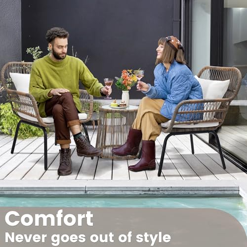 3 Piece Rattan Wicker Bistro Set, Outdoor Conversation Furniture Set with Glass Top Table, Space Saving for Balcony, Backyard, Natural