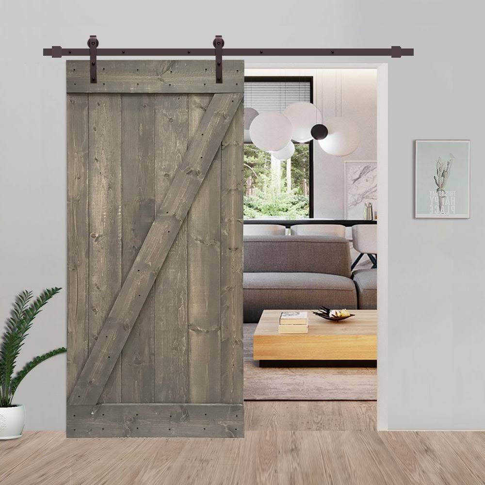 CALHOME Distressed Z Series 36 in. x 84 in. Weather Gray Stained Solid Pine Wood Interior Sliding Barn Door with Hardware Kit