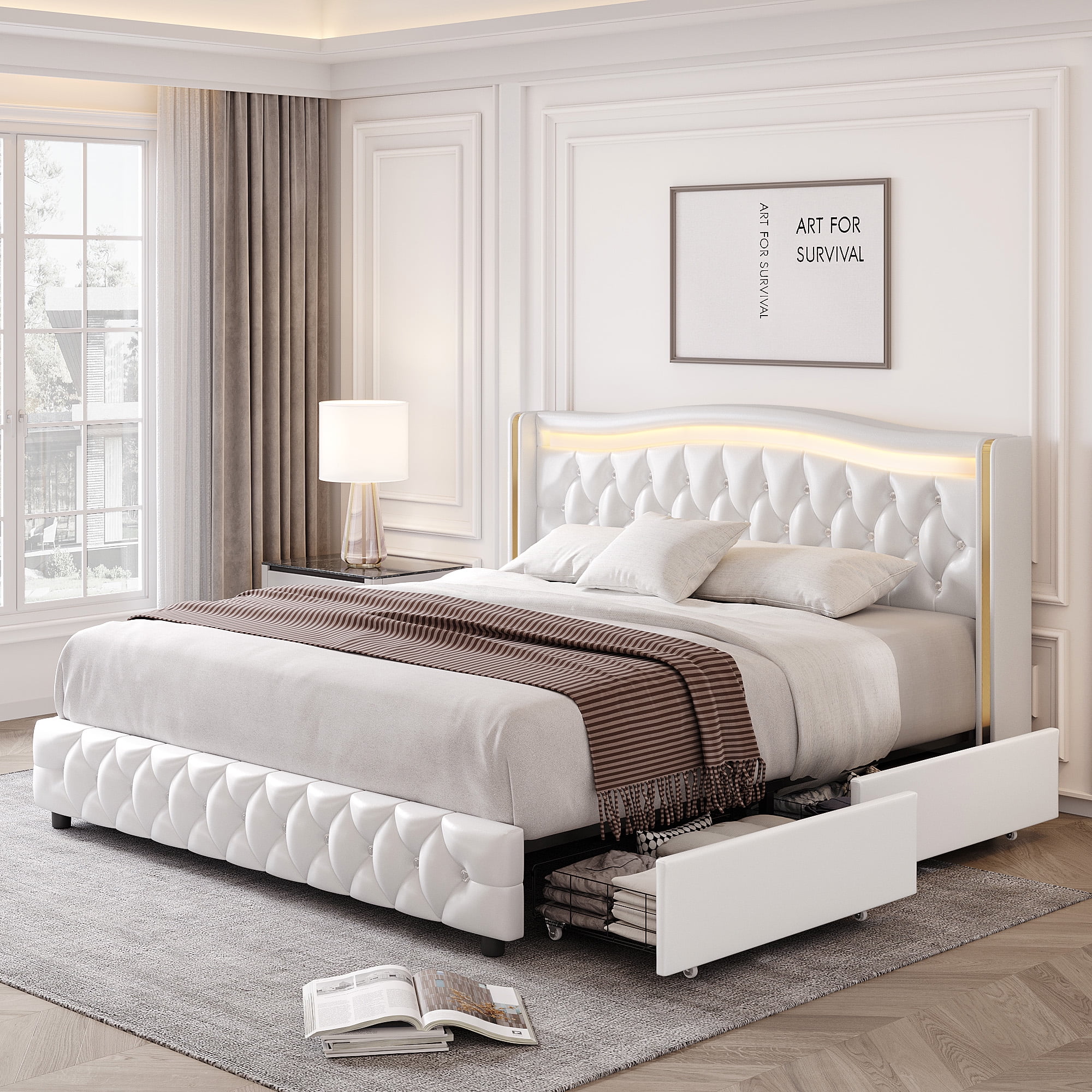Homfa Full Size LED Bed Frame with 4 Storage Drawers, PU Leather Upholstered Platform Bed with Crystal Buttons Headboard, White