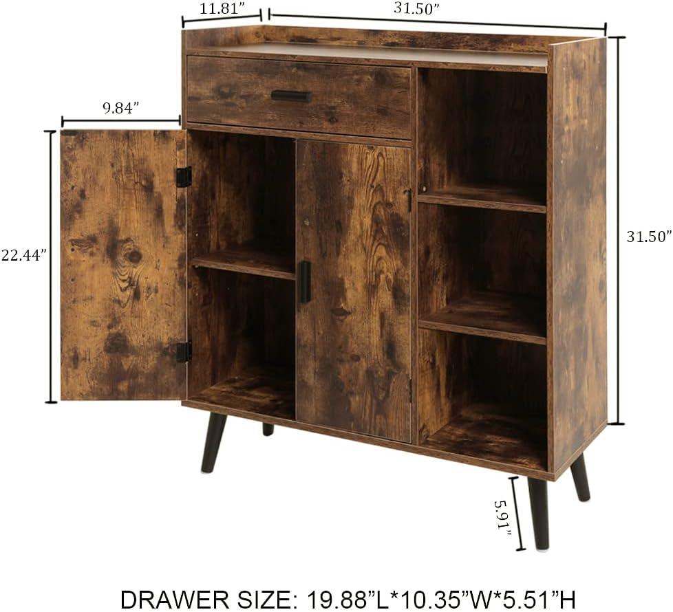 usikey Mid-Century Storage Cabinet with 1 Drawer 2 Doors 3 Shelves & Bookcase Storage Cabinet, Free Standing Cupboard with 4 Legs