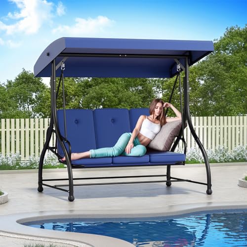 3-Seat Outdoor Porch Swing Glider with Adjustable Canopy, Patio Swings Bed with Removable Cushion for Porch, Backyard, Garden, Poolside, Balcony