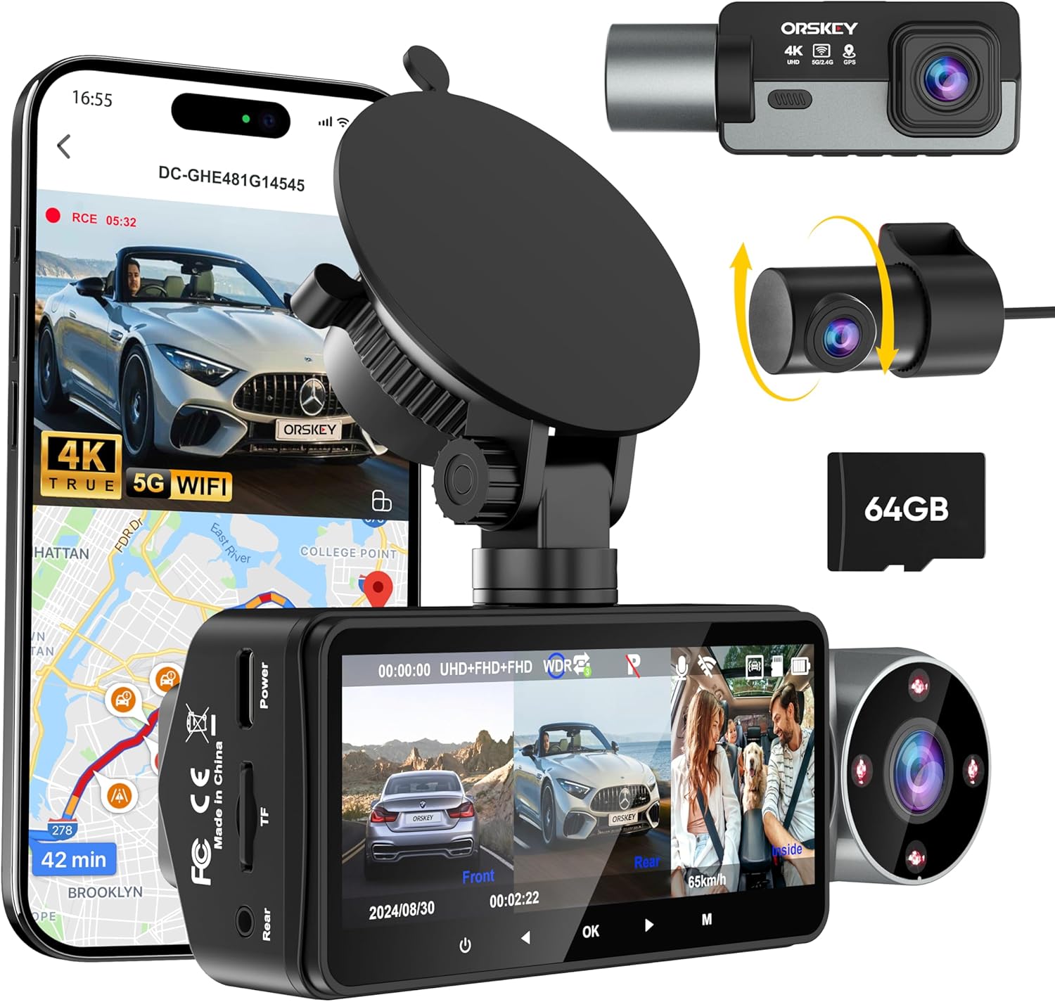 4K Dash Cam Front and Rear Inside 5G WiFi, 64GB Card, Orskey 4K+1080P Dashcam Built-in GPS, 3 Channel Dash Camera for Cars, 3.16" IPS Display