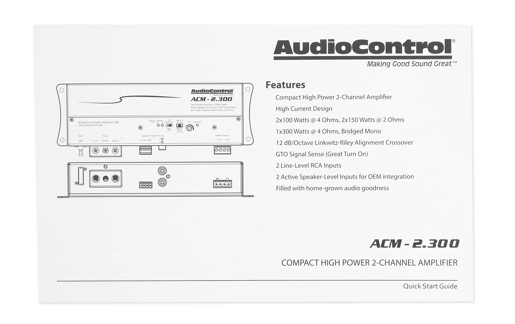 AudioControl ACM-2.300 Micro 300w 2 Channel Car Amplifier+Amp Kit Audio Control