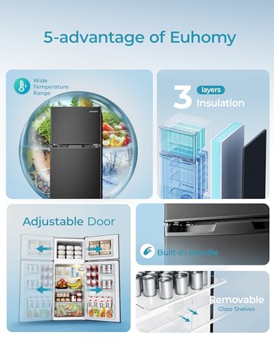 EUHOMY Mini Fridge with Freezer, 3.2 Cu.Ft Mini Refrigerator, Dorm Fridge with 2 Door For Bedroom/Apartment/Office-Food Storage Cooling Drink, Black