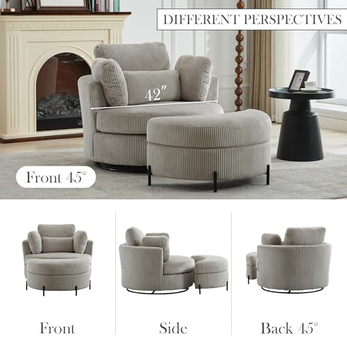 Aoiy & Wifon 42.2" W Oversized Swivel Barrel Chair with Ottoman, Upholstered Round Accent Chair with Storage Ottoman, Chenille, Beige