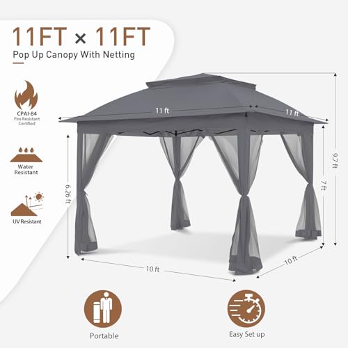 COOS BAY 11x11 Pop Up Instant Gazebo Tent with Mosquito Netting Outdoor Canopy Shelter with 121 Square Feet of Shade (Beige)