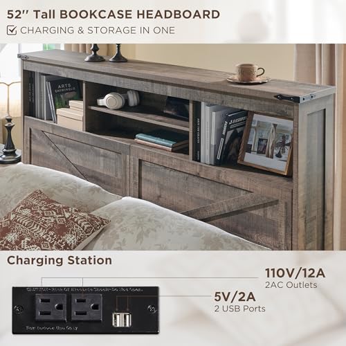 Queen Size Wood Bed Frame Farmhouse with 52" Tall Storage Bookcase Headboard, LED Light,Charging Station,4 Drawers and Solid Wood Slats Support