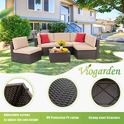 Vongrasig 6 Pieces Outdoor Patio Furniture Set, PE Wicker Rattan Sectional Sofa Patio Conversation Sets with Coffee Table for Garden, Backyard