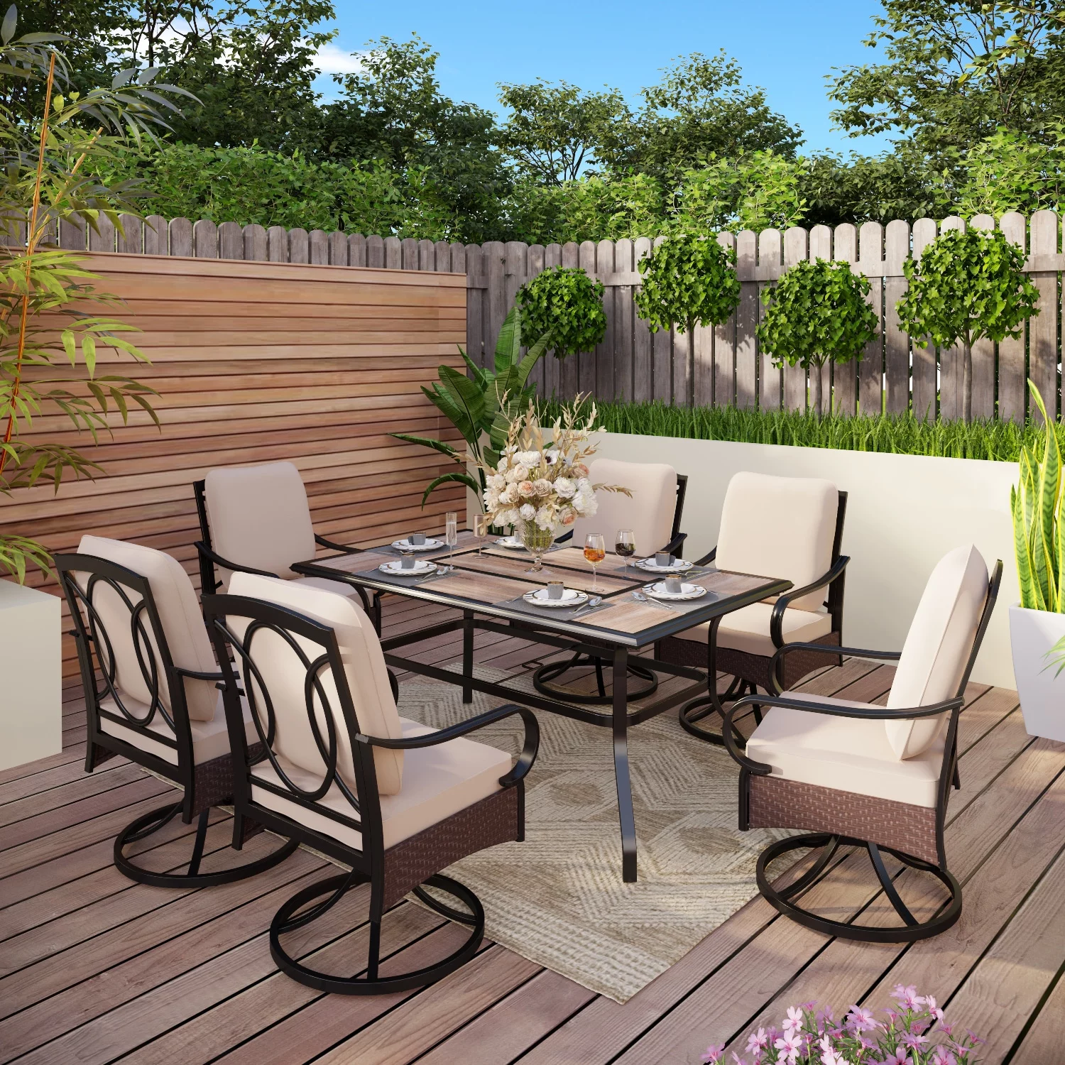 Phi Villa 7/8-Piece Patio Dining Set of 6 Swivel Metal Rattan Chairs with Deep-seating Chairs and Wood-like Table Top Table +Beoge Umbrella - 8-Piece