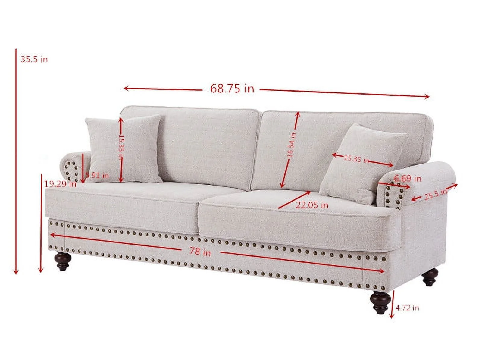 Modern 3 Seater Chenille Upholstered Sofa Couch with Nailhead Trim and Pillows Solid Wood Legs for Living Room Office Apartment